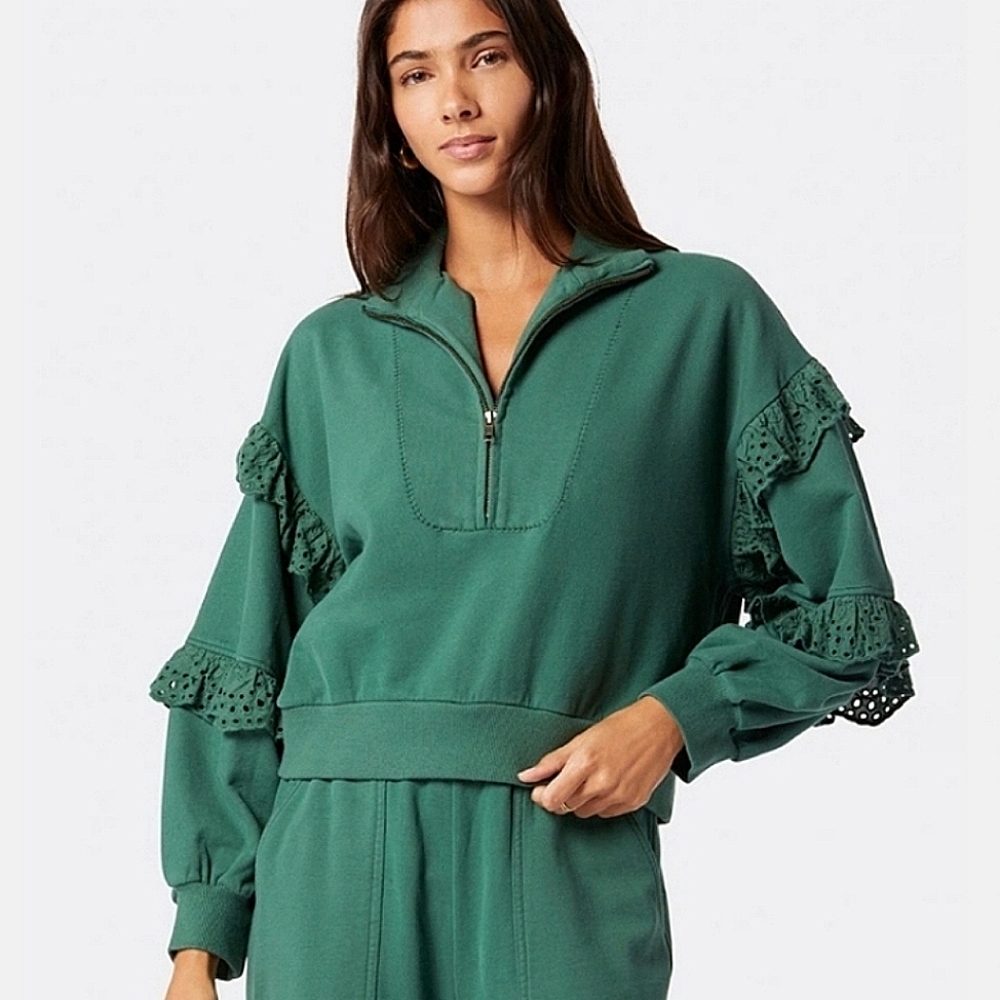 100% Cotton Soft Joie Green Women's Ruffled Zip Up Sweater Sz M
